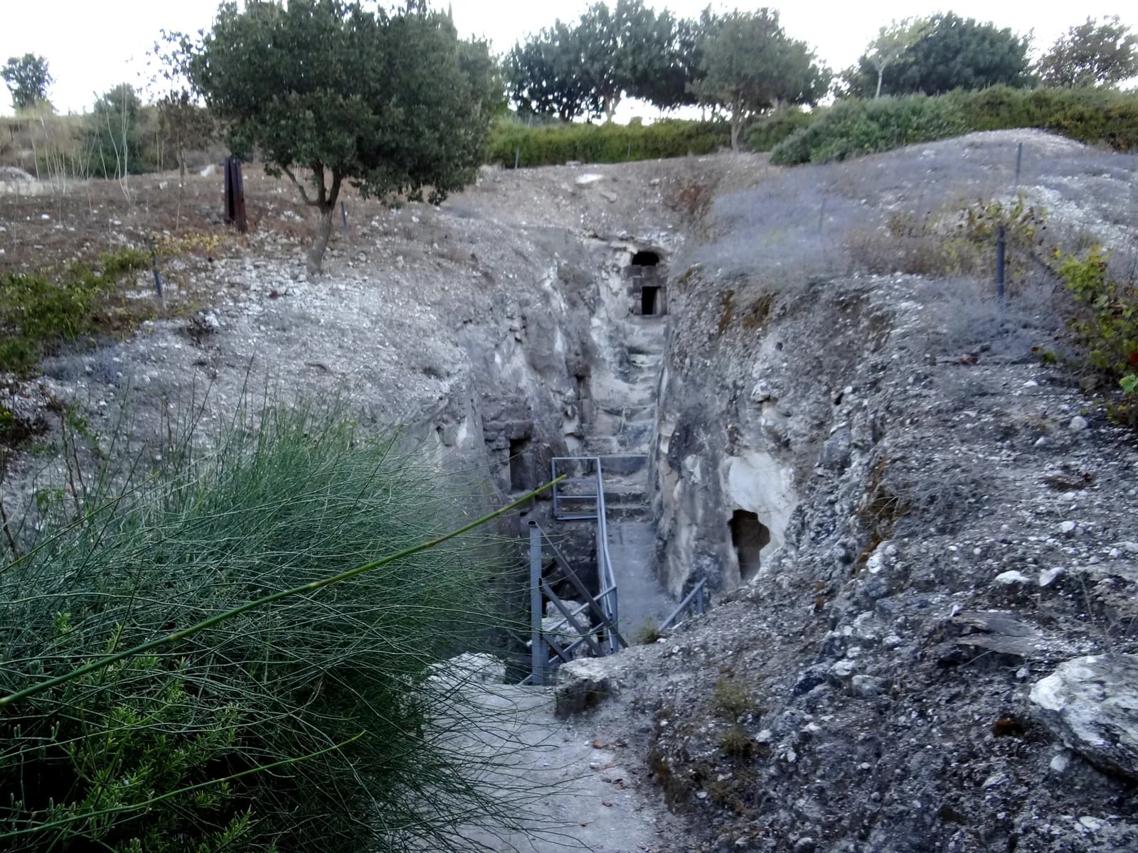 החצר החצובה והמדרגות היורדות אל פתחי מערות המנורה, באזור מערת הפרש