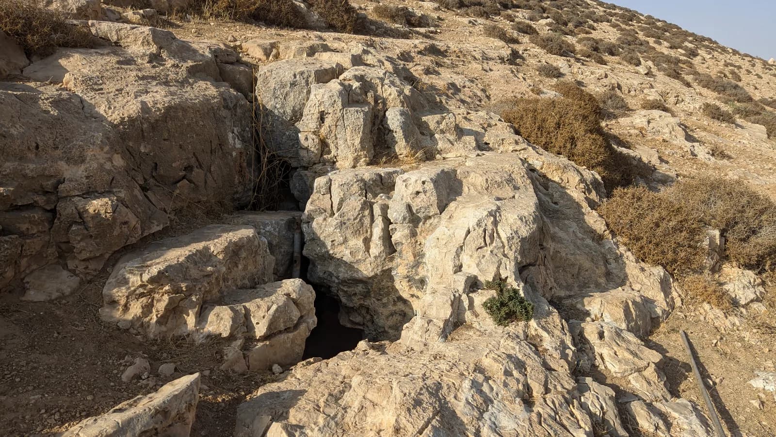 פתח מערת כרמל בין סלעי הגיר במדרון הערוץ