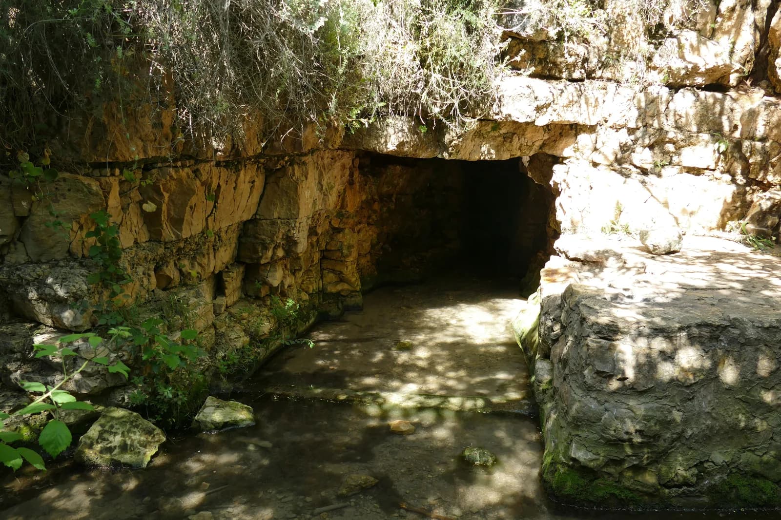 בריכת האגירה של עין חנדק ופתח נקבה חצובה בקיר הסלע