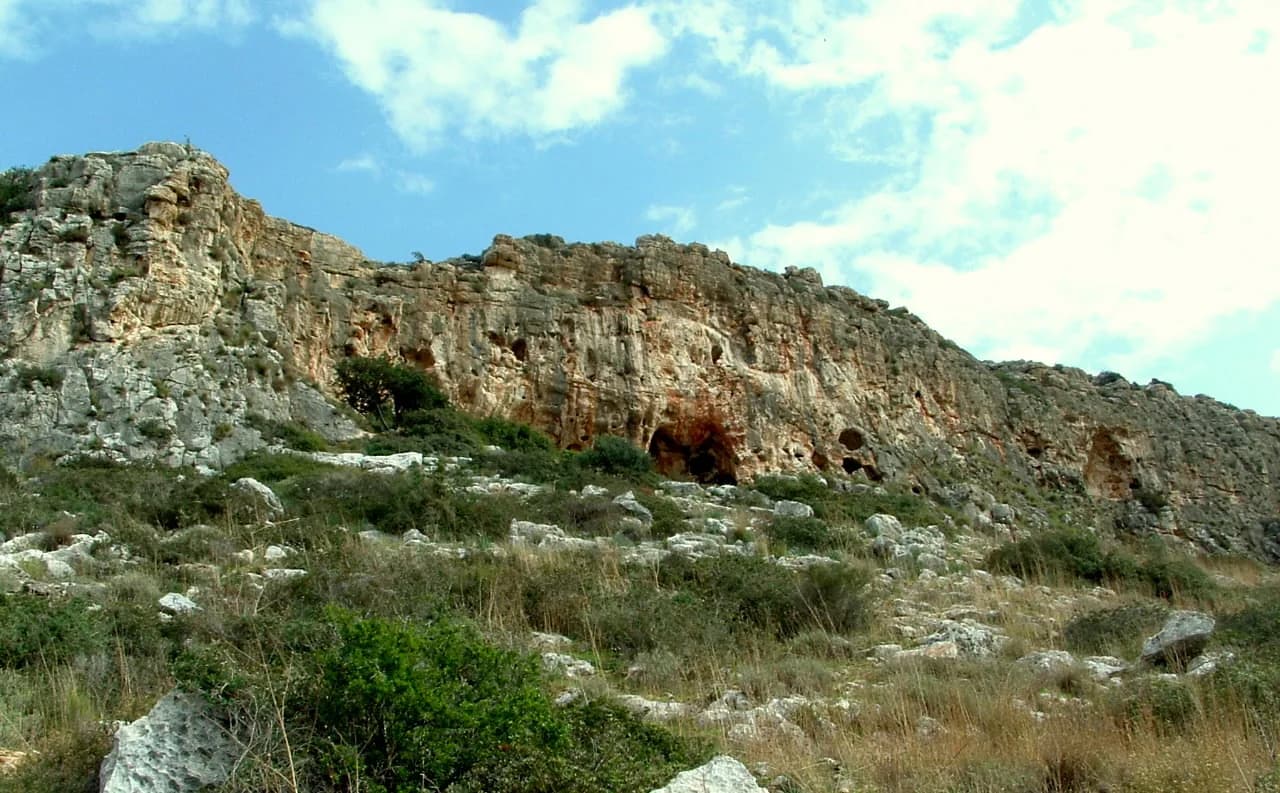מצוק מגדים בכרמל במבט מזרחה מהמדרון; במרכז התמונה מערת מיסליה