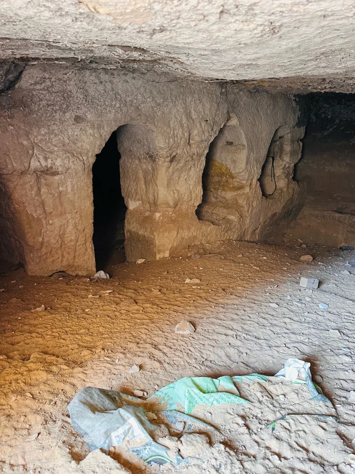 פתח קמור ושורת אבוסים חצובים בקיר הקירטון בתוך מערת האורווה