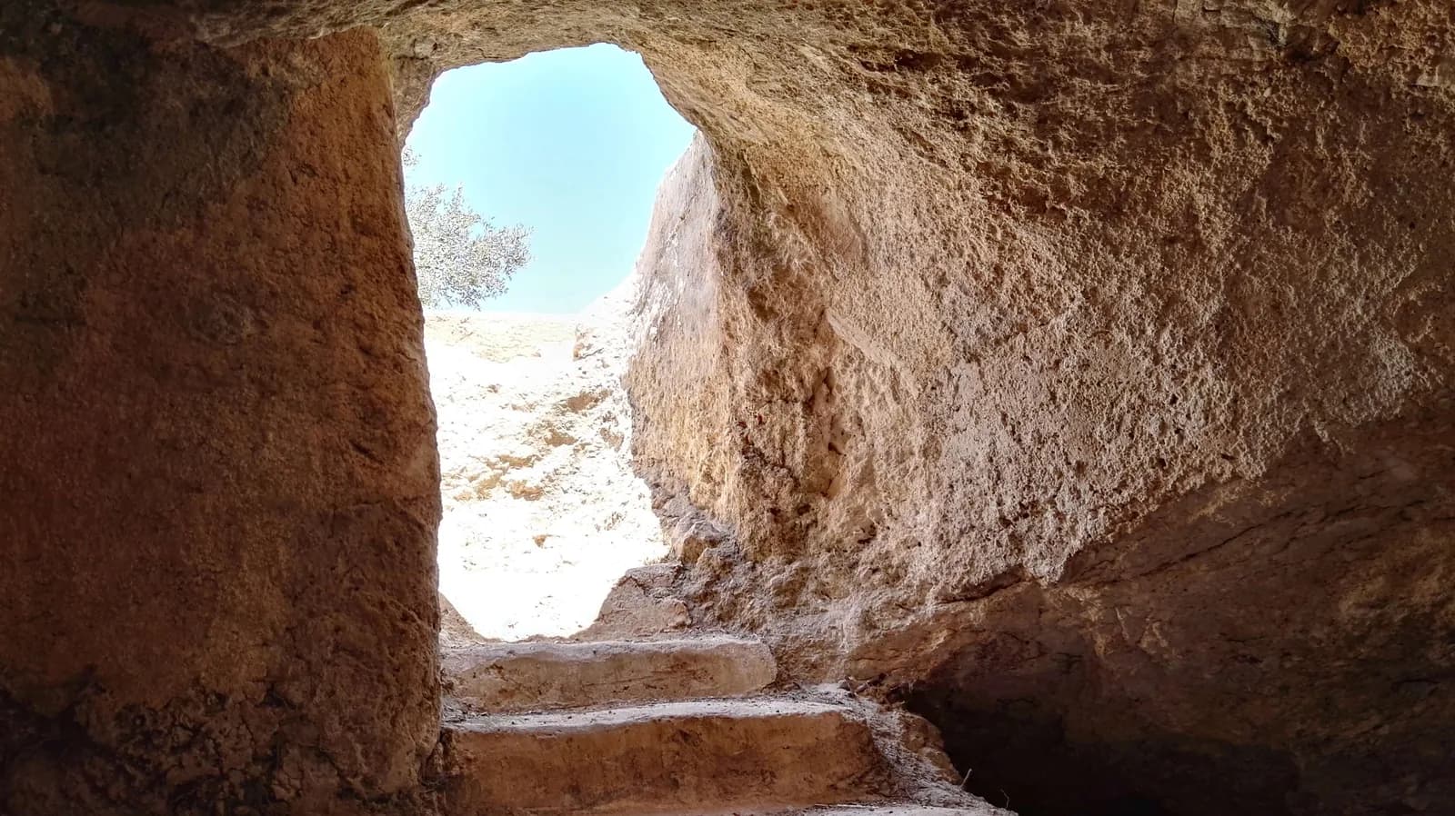 מבט מתוך חלל חצוב בחורבת אשון אל הפתח והמדרגות