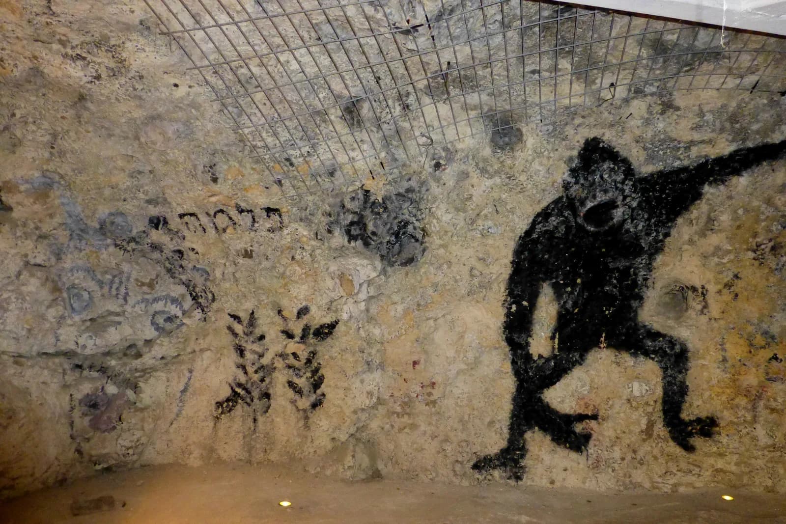 ציור הקוף והכיתוב "פלמח" על קיר הסלע בתוך המערה