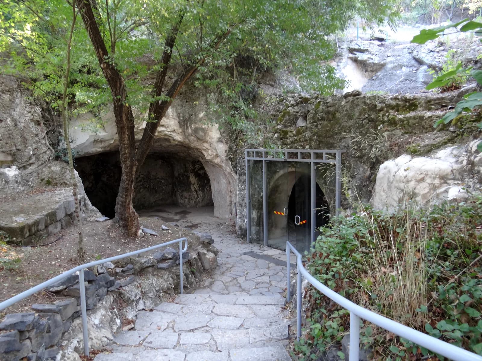 מדרגות האבן היורדות אל פתח מערת המוזיאון ודלת הזכוכית שבכניסה