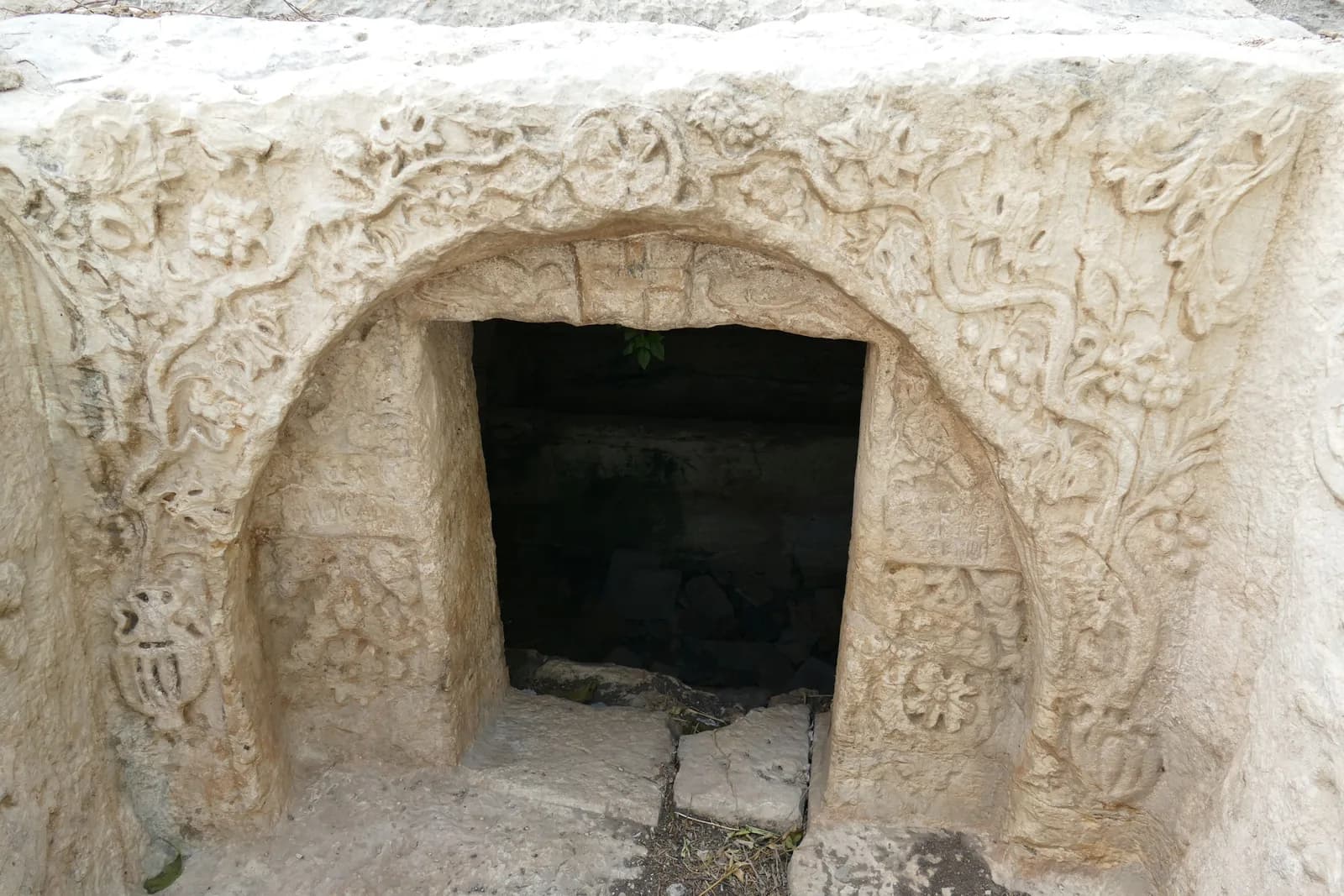 חזית מגולפת של אחד מקברי שפרעם: קשת מעוטרת בגפנים ובאשכולות ענבים סביב פתח הקבר