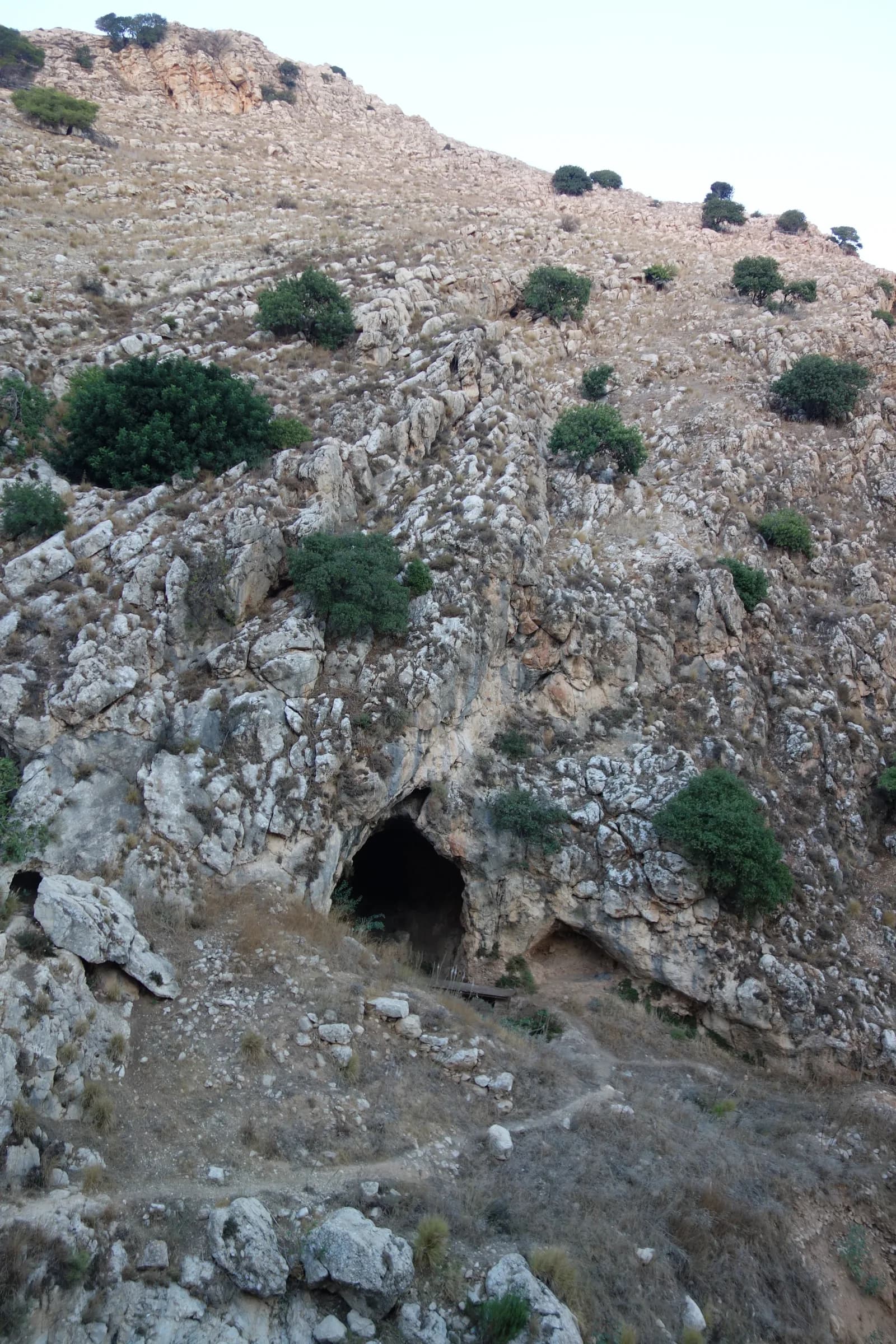 פתח מערת קדומים במדרון הסלעי של הר הקפיצה, ובחזיתו הטרסה והשביל המוביל אליו