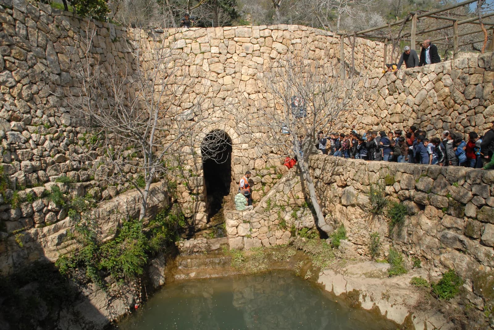 בריכת האגירה של עין ביכורה ופתח הנקבה המקומר בקיר האבן שמאחוריה